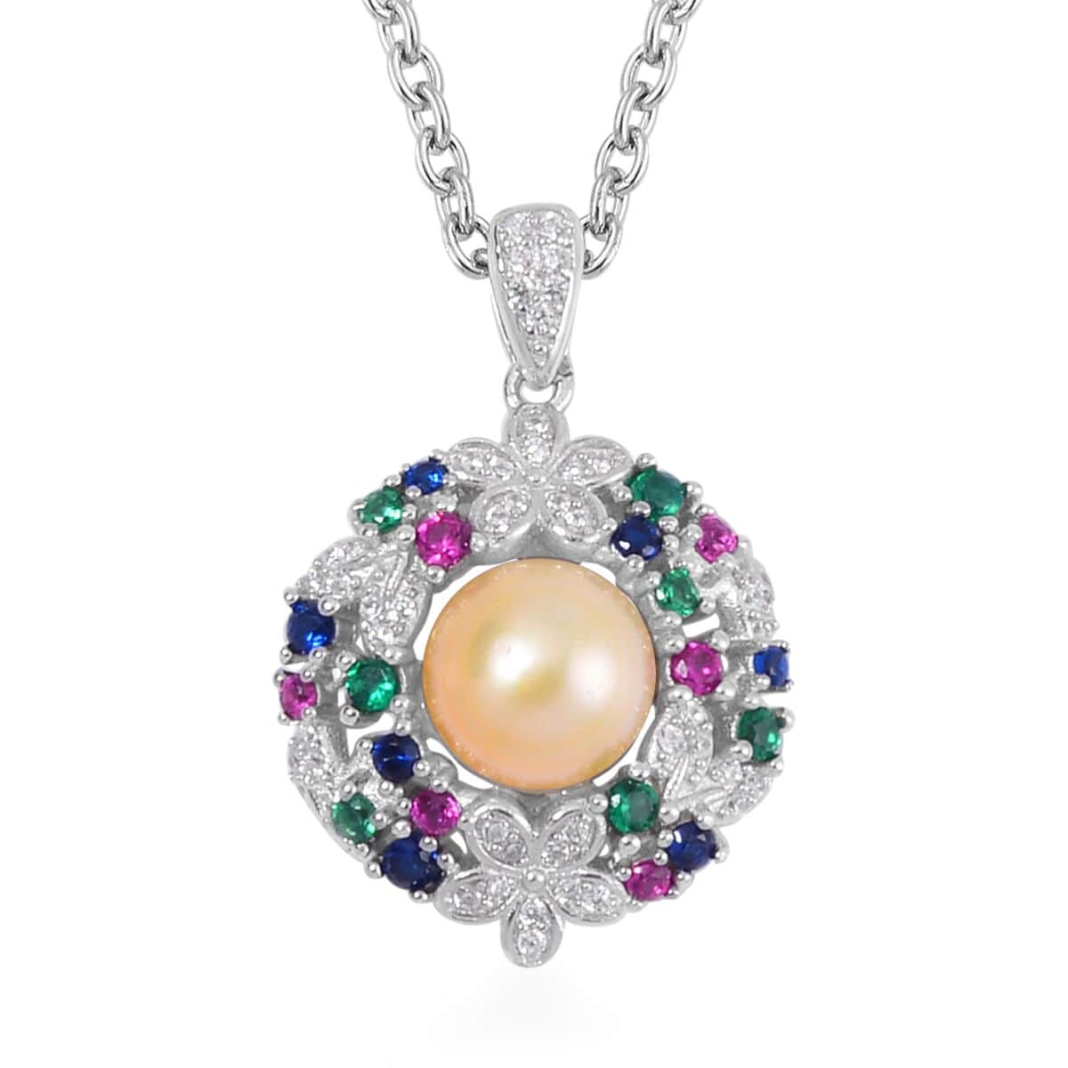 Golden Freshwater Cultured Pearl and Simulated Multi Color Diamond Pendant in Silvertone with Stainless Steel Necklace 20 Inches 0.50 ctw image number 0