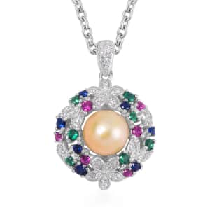 Golden Freshwater Cultured Pearl and Simulated Multi Color Diamond Pendant in Silvertone with Stainless Steel Necklace 20 Inches 0.50 ctw