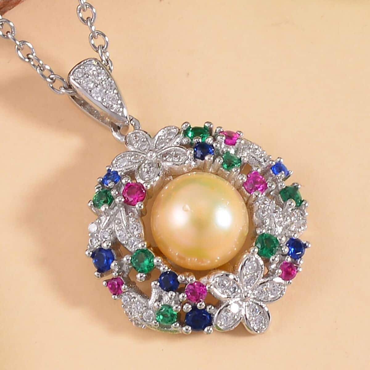 Golden Freshwater Cultured Pearl and Simulated Multi Color Diamond Pendant in Silvertone with Stainless Steel Necklace 20 Inches 0.50 ctw image number 1
