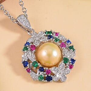 Golden Freshwater Cultured Pearl and Simulated Multi Color Diamond Pendant in Silvertone with Stainless Steel Necklace 20 Inches 0.50 ctw
