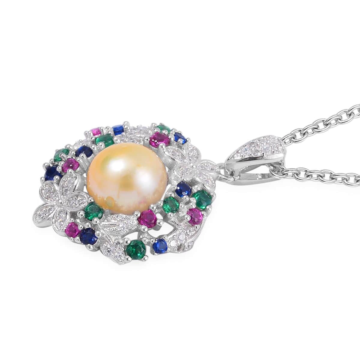 Golden Freshwater Cultured Pearl and Simulated Multi Color Diamond Pendant in Silvertone with Stainless Steel Necklace 20 Inches 0.50 ctw image number 3