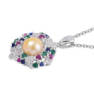 Golden Freshwater Cultured Pearl and Simulated Multi Color Diamond Pendant in Silvertone with Stainless Steel Necklace 20 Inches 0.50 ctw