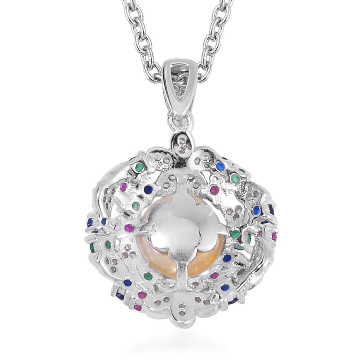 Golden Freshwater Cultured Pearl and Simulated Multi Color Diamond Pendant in Silvertone with Stainless Steel Necklace 20 Inches 0.50 ctw image number 4