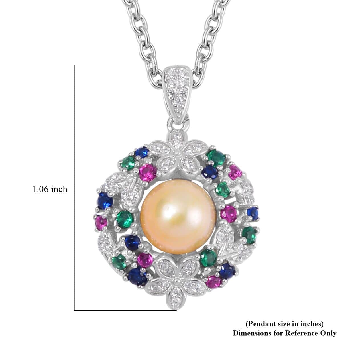 Golden Freshwater Cultured Pearl and Simulated Multi Color Diamond Pendant in Silvertone with Stainless Steel Necklace 20 Inches 0.50 ctw image number 6