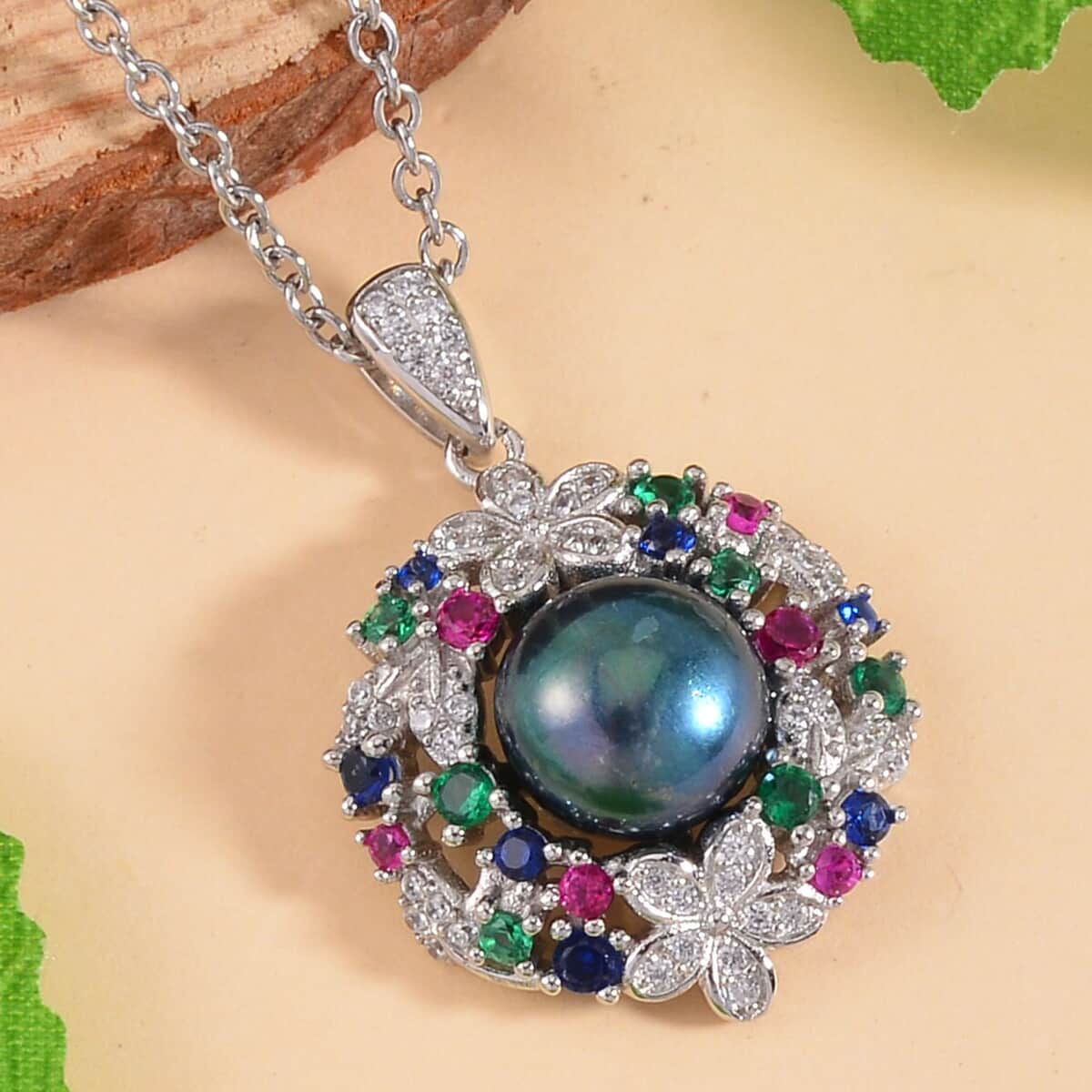 Peacock Freshwater Cultured Pearl and Simulated Multi Color Diamond Pendant in Silvertone with Stainless Steel Necklace 20 Inches 0.50 ctw image number 1