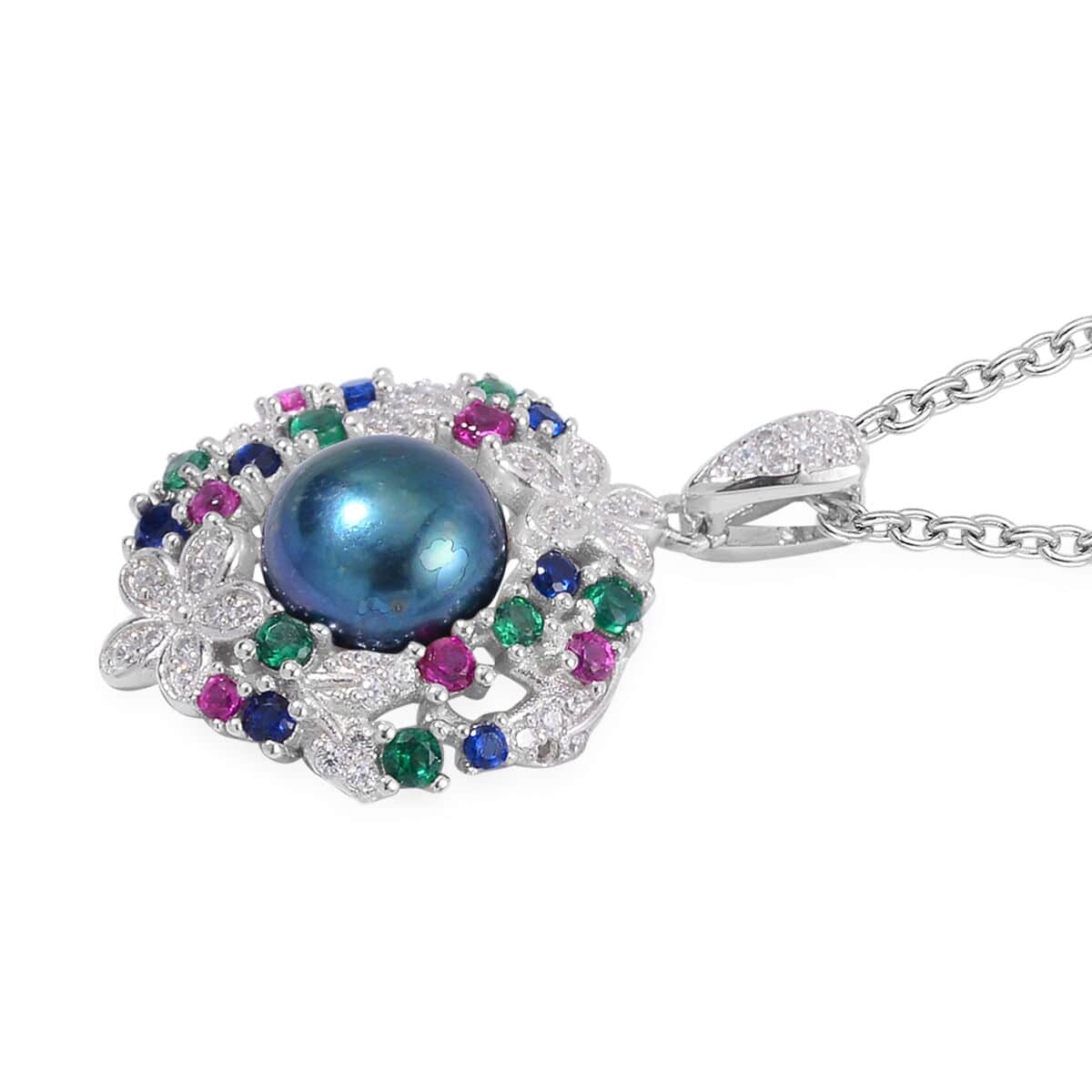 Peacock Freshwater Cultured Pearl and Simulated Multi Color Diamond Pendant in Silvertone with Stainless Steel Necklace 20 Inches 0.50 ctw image number 3