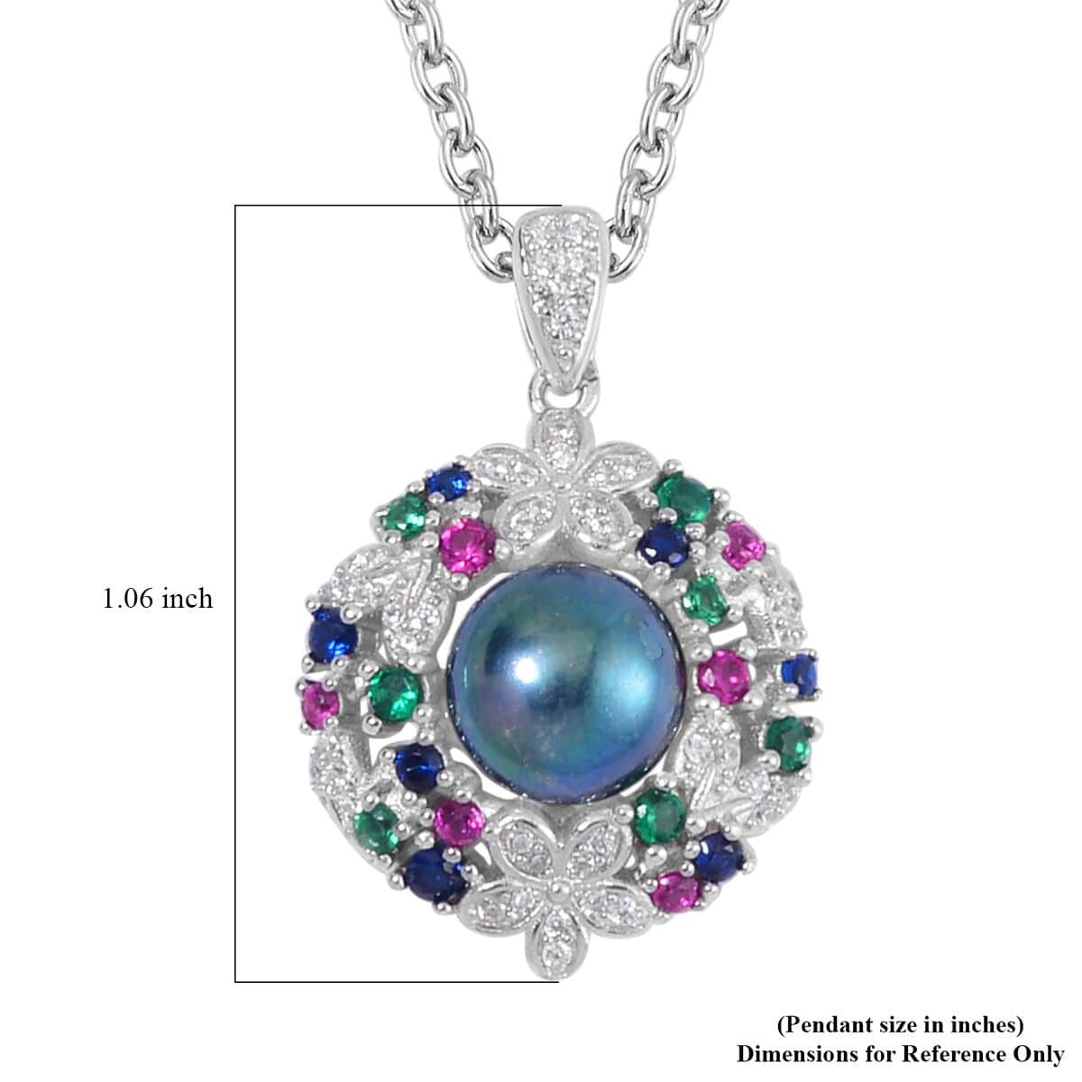 Peacock Freshwater Cultured Pearl and Simulated Multi Color Diamond Pendant in Silvertone with Stainless Steel Necklace 20 Inches 0.50 ctw image number 6