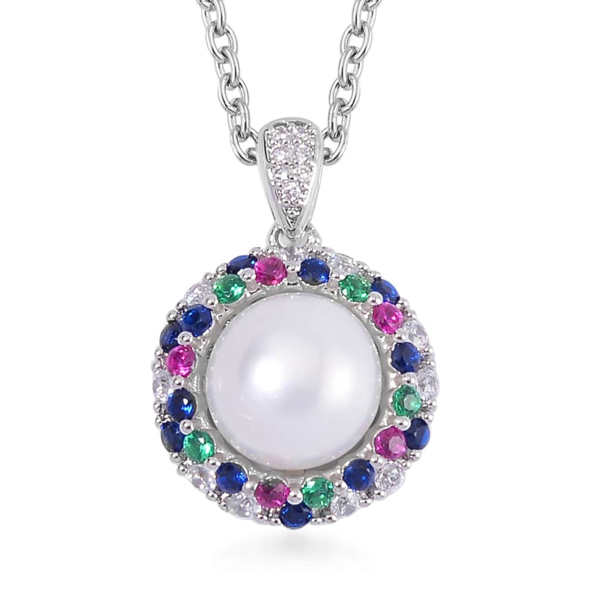 Freshwater Cultured Pearl and Simulated Multi Color Diamond Pendant in Silvertone with Stainless Steel Necklace 20 Inches 0.50 ctw image number 0