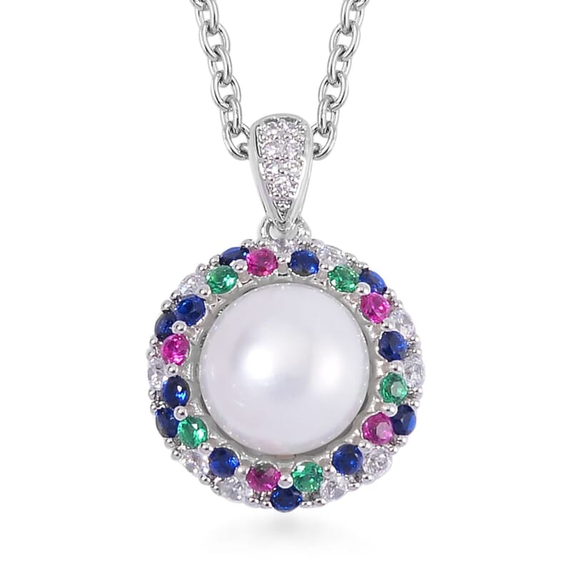 Freshwater Cultured Pearl and Simulated Multi Color Diamond Pendant in Silvertone with Stainless Steel Necklace 20 Inches