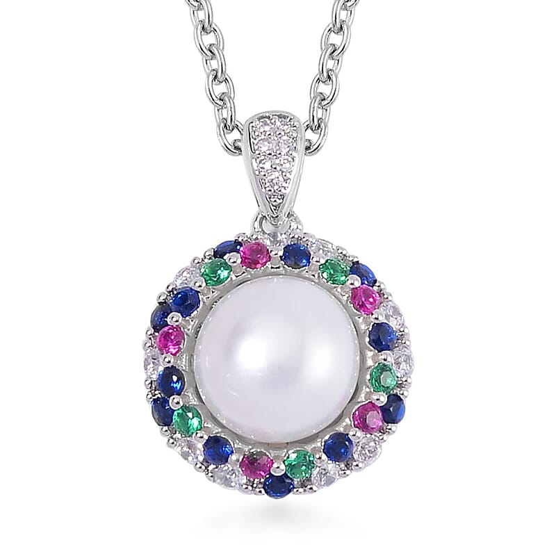 Freshwater Cultured Pearl and Simulated Multi Color Diamond Pendant in Silvertone with Stainless Steel Necklace 20 Inches