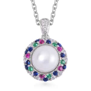 Freshwater Cultured Pearl and Simulated Multi Color Diamond Pendant in Silvertone with Stainless Steel Necklace 20 Inches 0.50 ctw