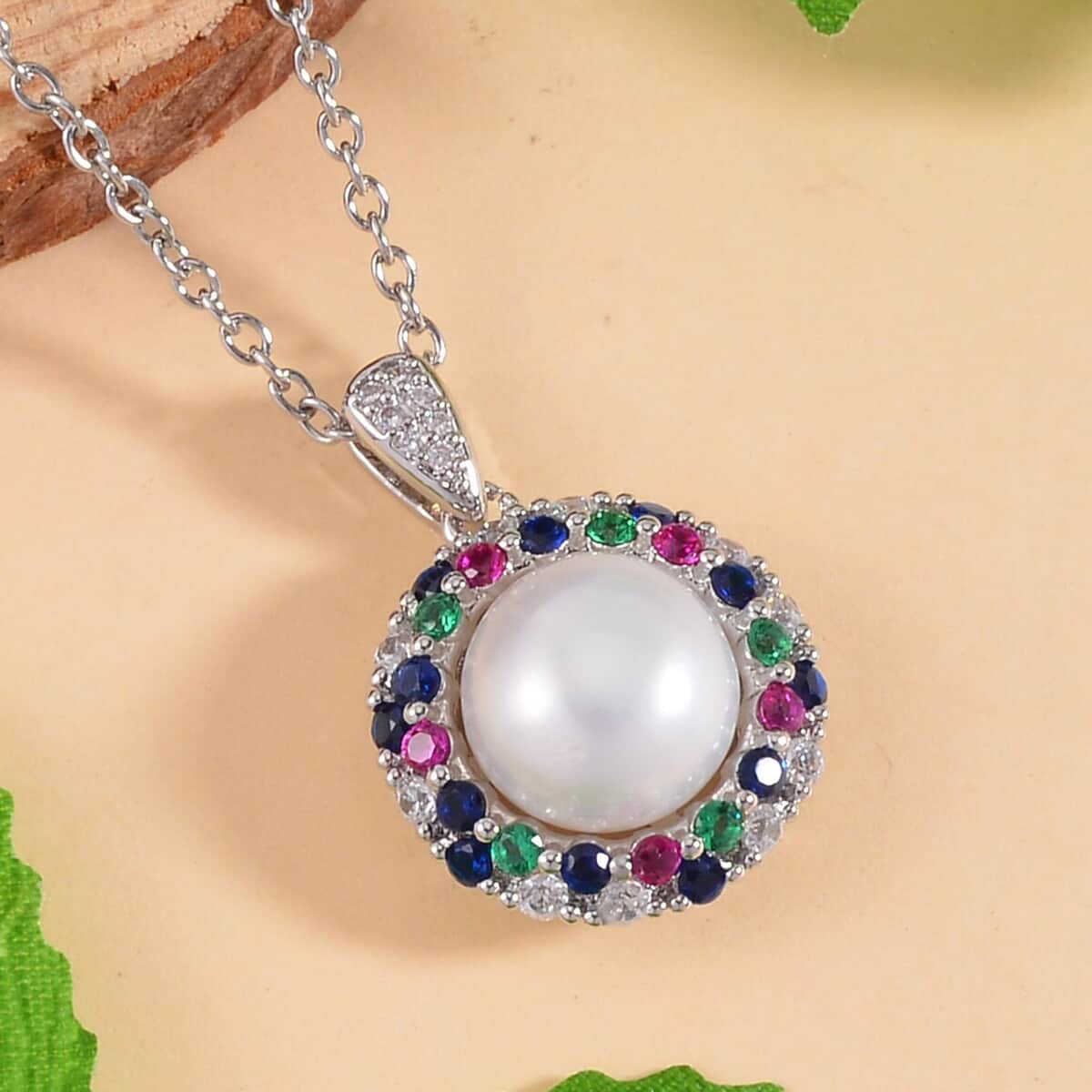 Freshwater Cultured Pearl and Simulated Multi Color Diamond Pendant in Silvertone with Stainless Steel Necklace 20 Inches 0.50 ctw image number 1