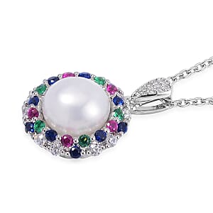 Freshwater Cultured Pearl and Simulated Multi Color Diamond Pendant in Silvertone with Stainless Steel Necklace 20 Inches