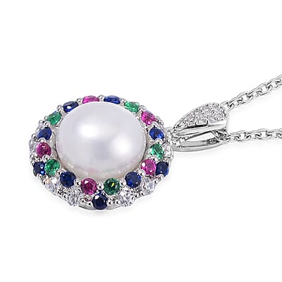 Freshwater Cultured Pearl and Simulated Multi Color Diamond Pendant in Silvertone with Stainless Steel Necklace 20 Inches