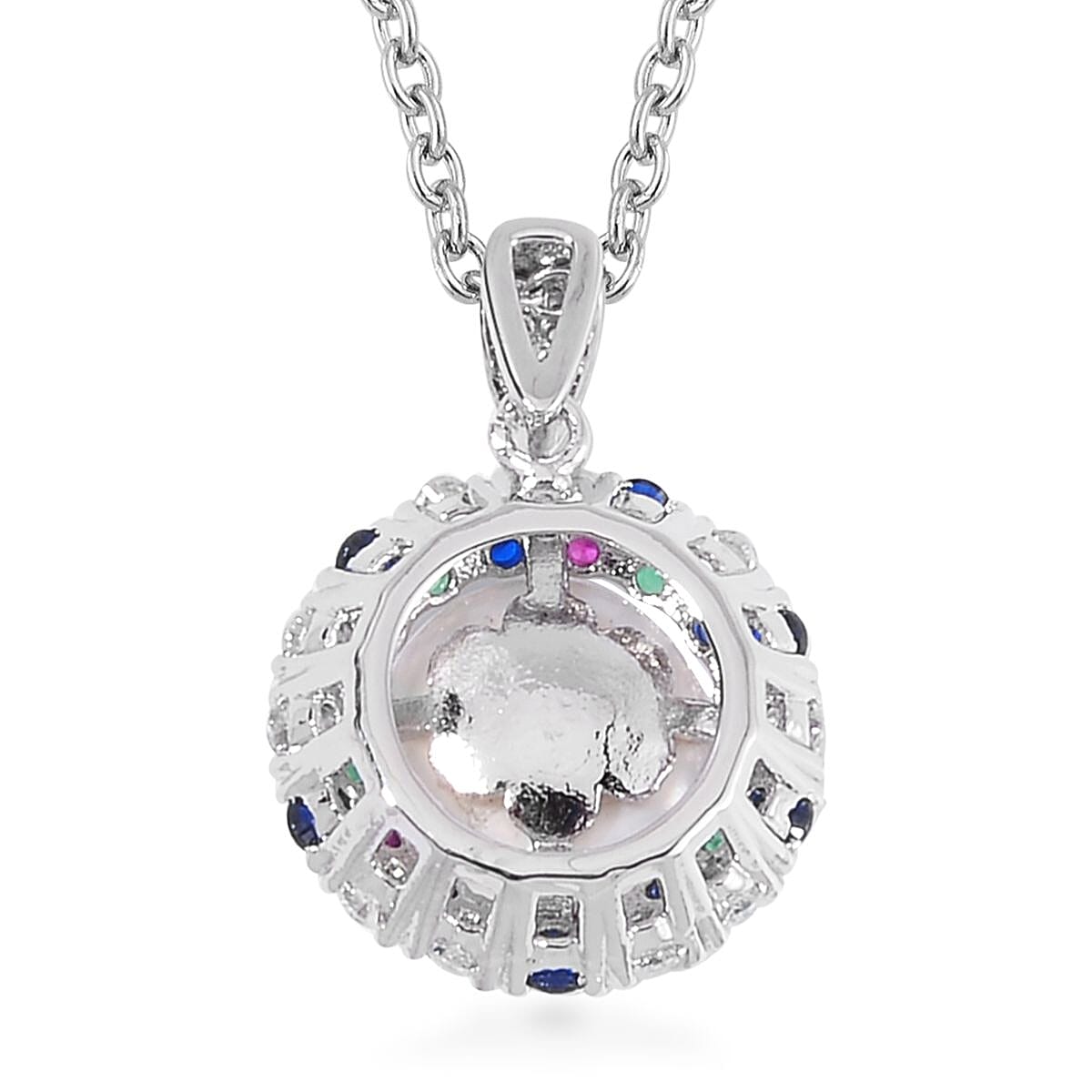 Freshwater Cultured Pearl and Simulated Multi Color Diamond Pendant in Silvertone with Stainless Steel Necklace 20 Inches