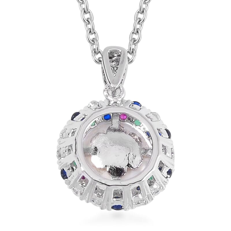 Freshwater Cultured Pearl and Simulated Multi Color Diamond Pendant in Silvertone with Stainless Steel Necklace 20 Inches