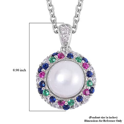 Freshwater Cultured Pearl and Simulated Multi Color Diamond Pendant in Silvertone with Stainless Steel Necklace 20 Inches