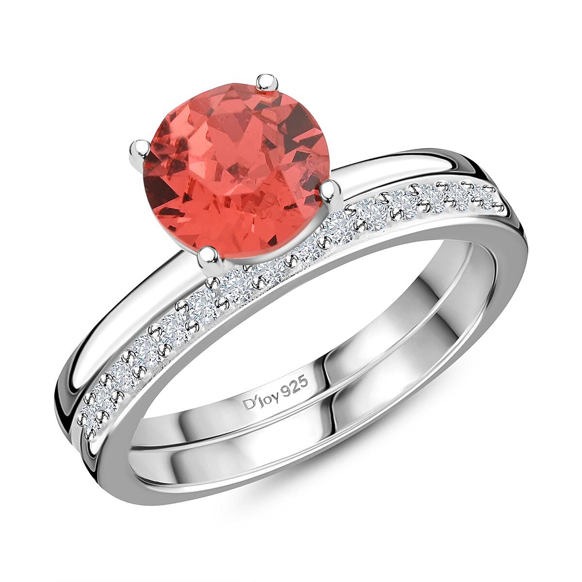 Designer Premium Padparasha Austrian Crystal, Simulated Diamond Set of 2 Ring in Sterling Silver (Size 5.0) 0.30 ctw