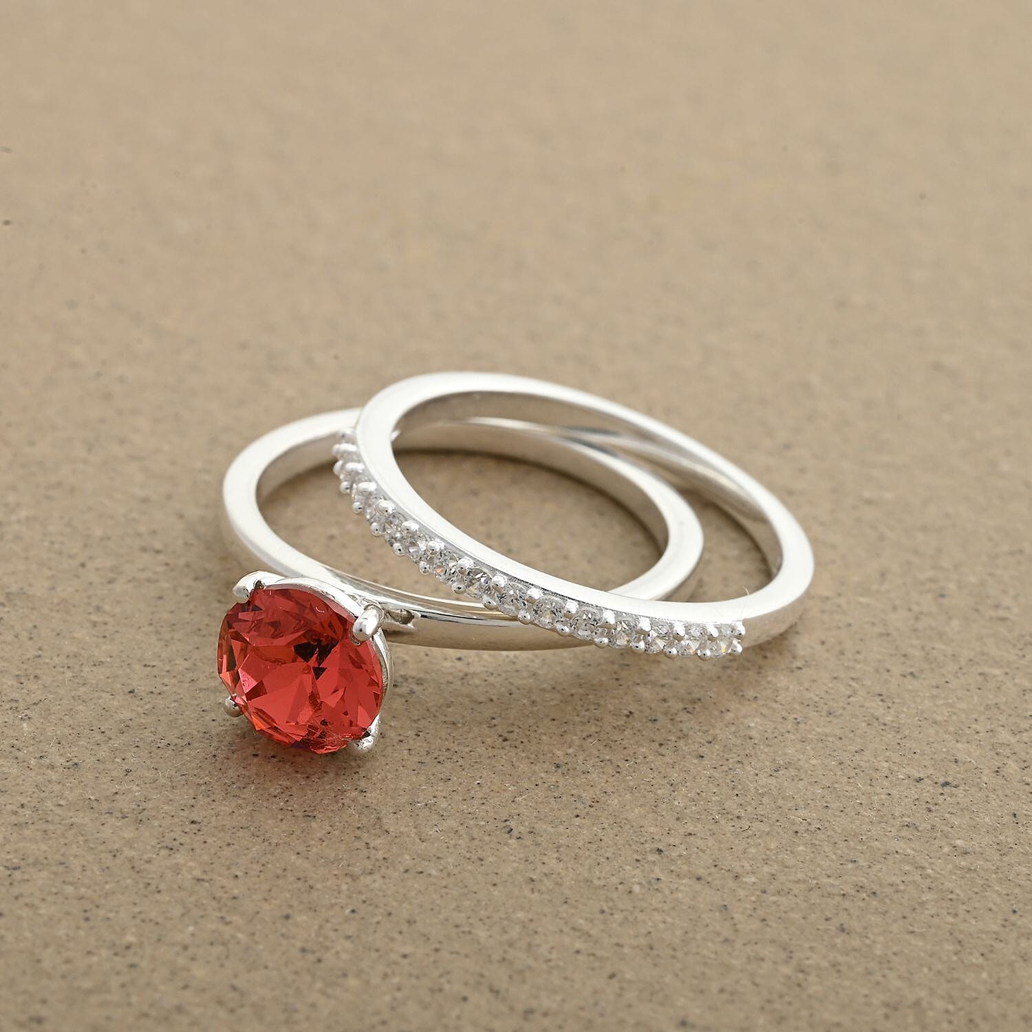Designer Premium Padparasha Austrian Crystal, Simulated Diamond Set of 2 Ring in Sterling Silver (Size 5.0) 0.30 ctw
