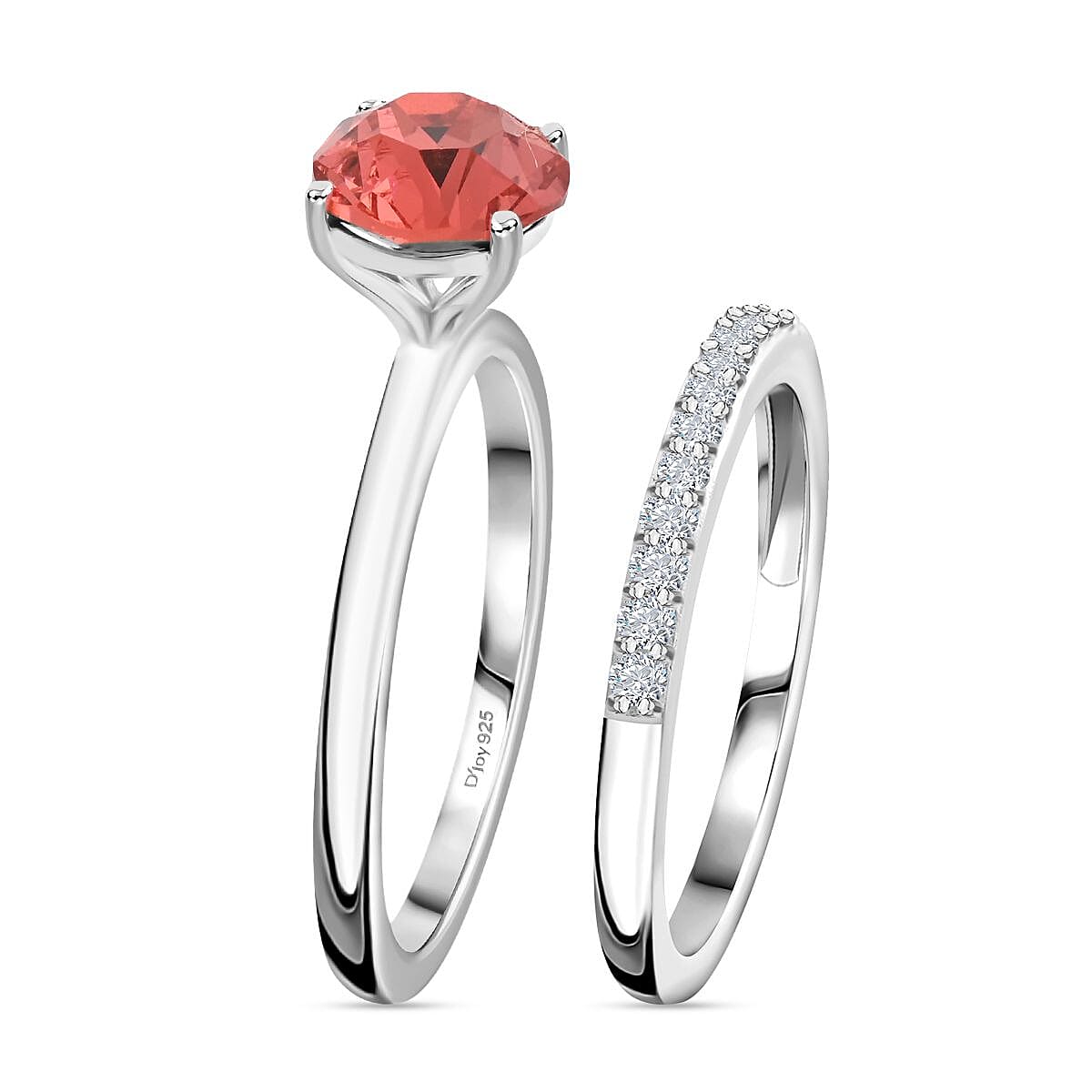 Designer Premium Padparasha Austrian Crystal, Simulated Diamond Set of 2 Ring in Sterling Silver (Size 5.0) 0.30 ctw