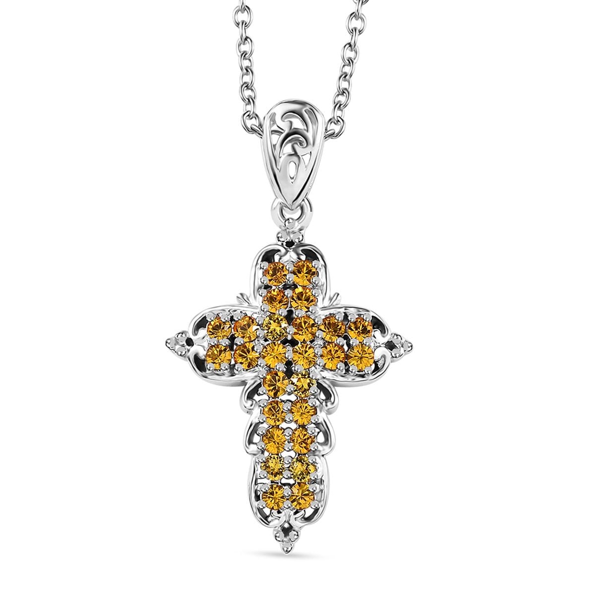 Designer Premium Sunflower Austrian Crystal Cross Pendant in Platinum Over Copper with Stainless Steel Necklace (20 Inches) image number 0