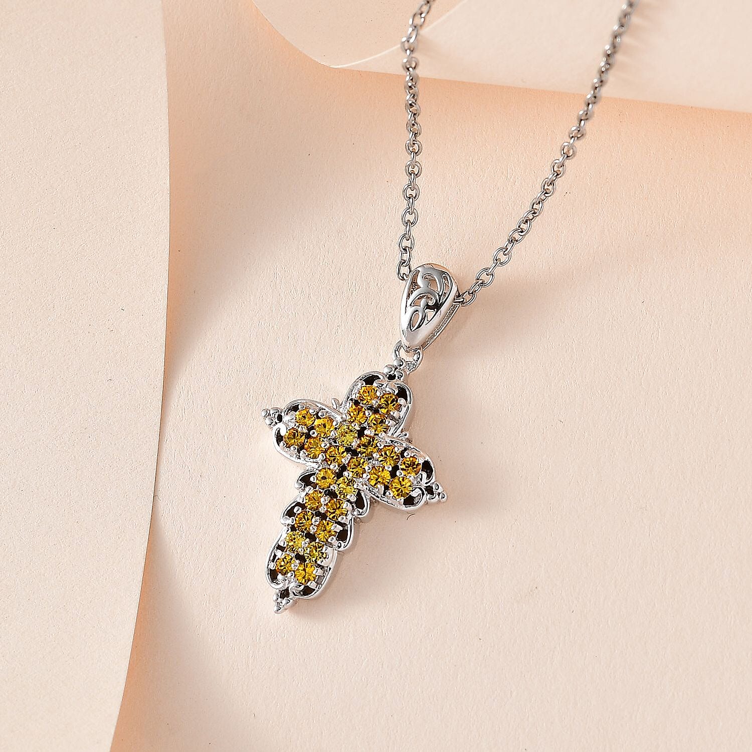 Designer Premium Sunflower Austrian Crystal Cross Pendant in Platinum Over Copper with Stainless Steel Necklace (20 Inches)