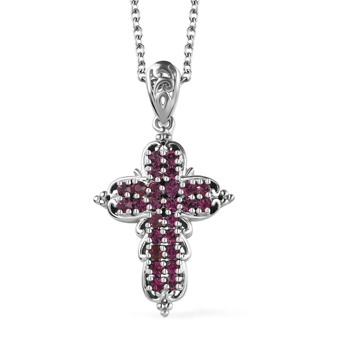 Designer Premium Foilback Amethyst Color Austrian Crystal Cross Pendant in Platinum Over Copper with Stainless Steel Necklace 20 Inches image number 0