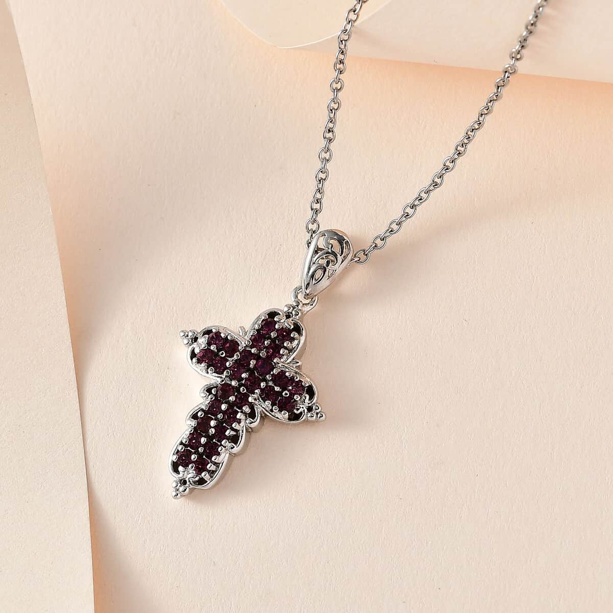 Designer Premium Foilback Amethyst Color Austrian Crystal Cross Pendant in Platinum Over Copper with Stainless Steel Necklace 20 Inches image number 1
