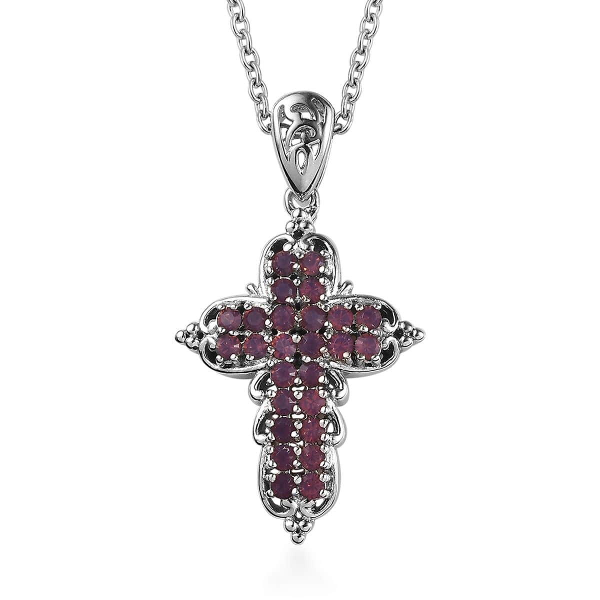 Designer Premium Cyclamen Opal Austrian Crystal Cross Pendant in Platinum Over Copper with Stainless Steel Necklace 20 Inches image number 0