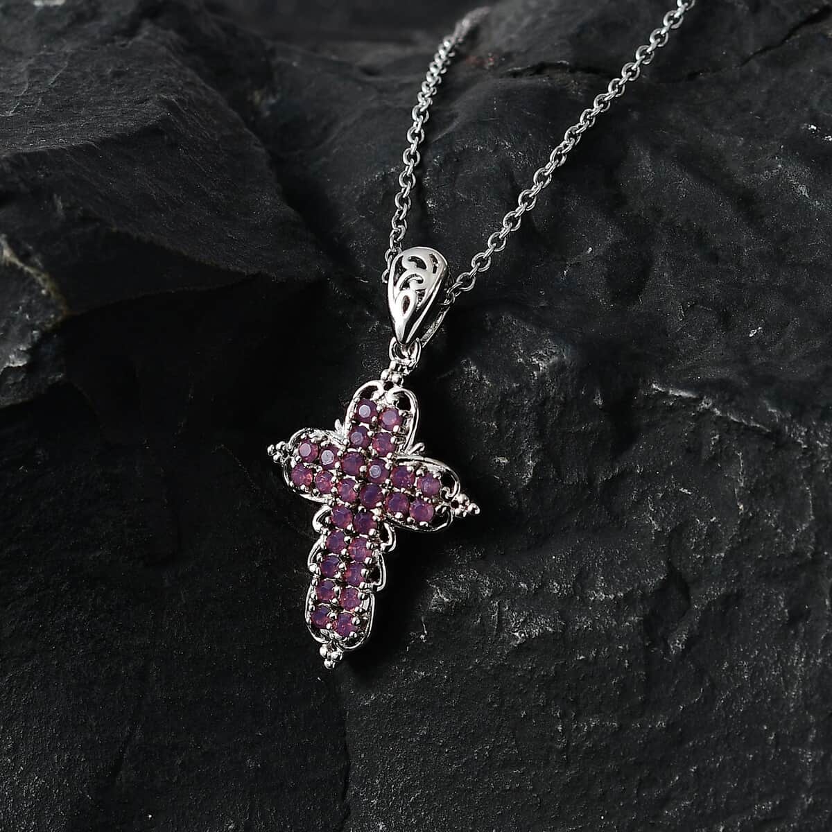 Designer Premium Cyclamen Opal Austrian Crystal Cross Pendant in Platinum Over Copper with Stainless Steel Necklace 20 Inches image number 1