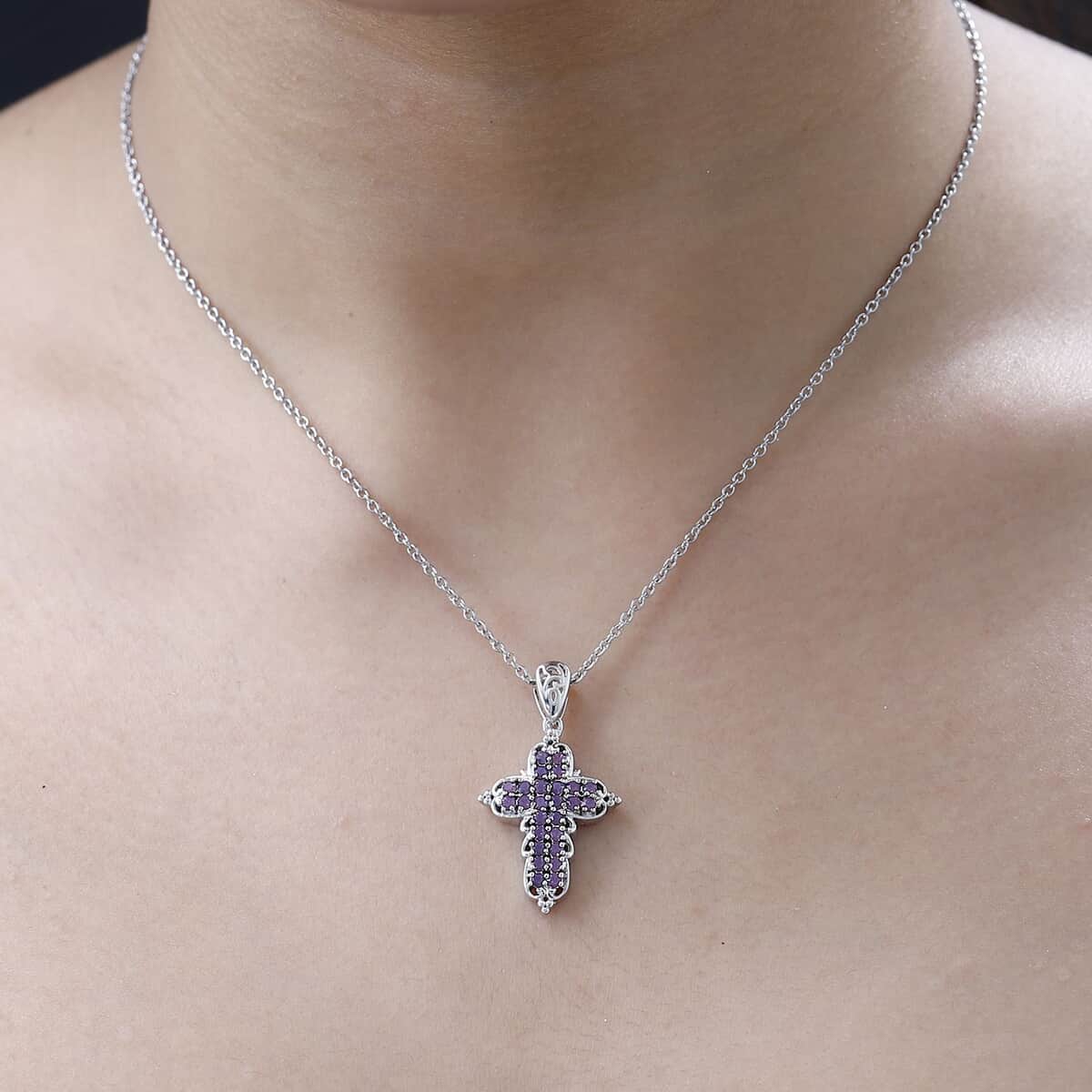 Designer Premium Cyclamen Opal Austrian Crystal Cross Pendant in Platinum Over Copper with Stainless Steel Necklace 20 Inches image number 2