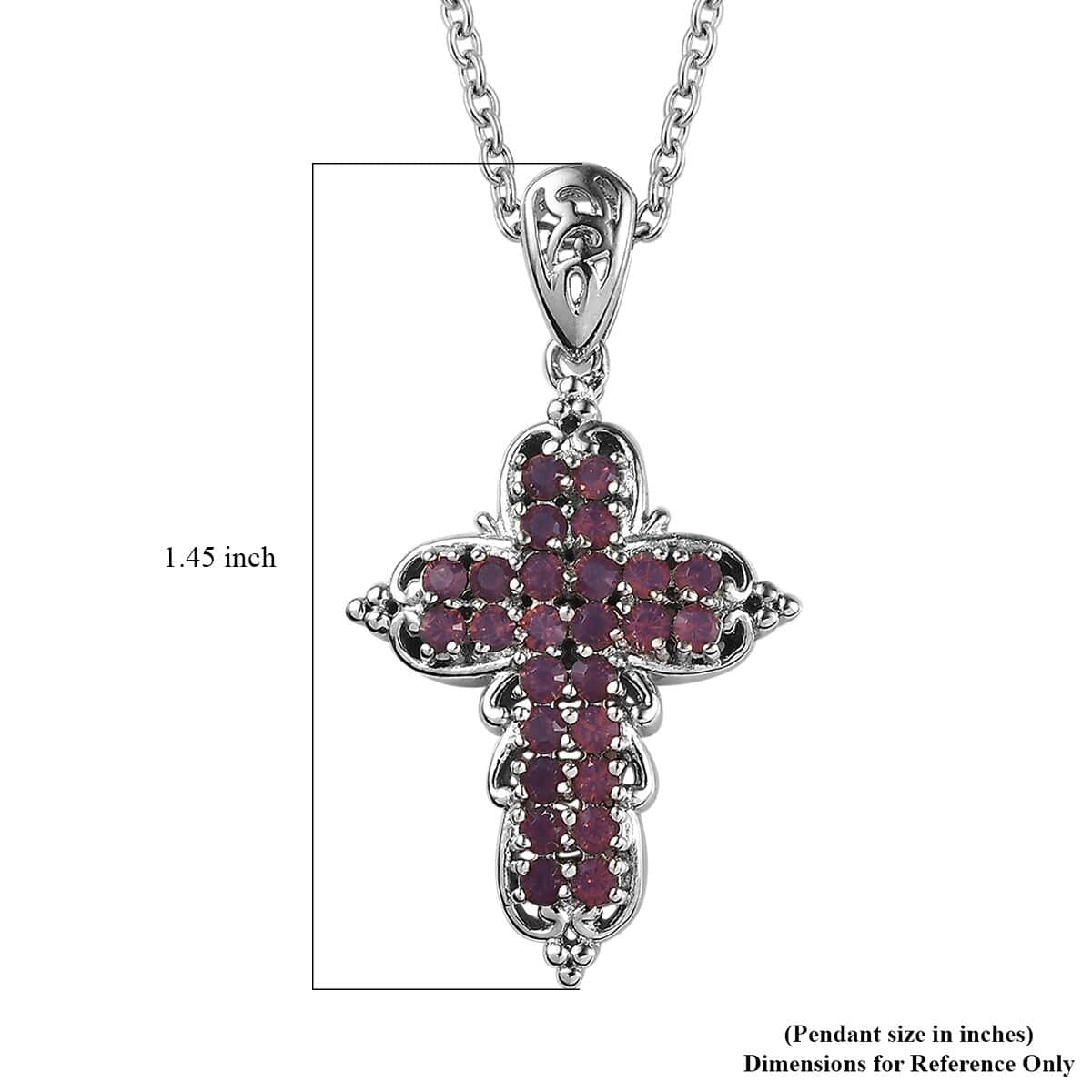 Designer Premium Cyclamen Opal Austrian Crystal Cross Pendant in Platinum Over Copper with Stainless Steel Necklace 20 Inches image number 6