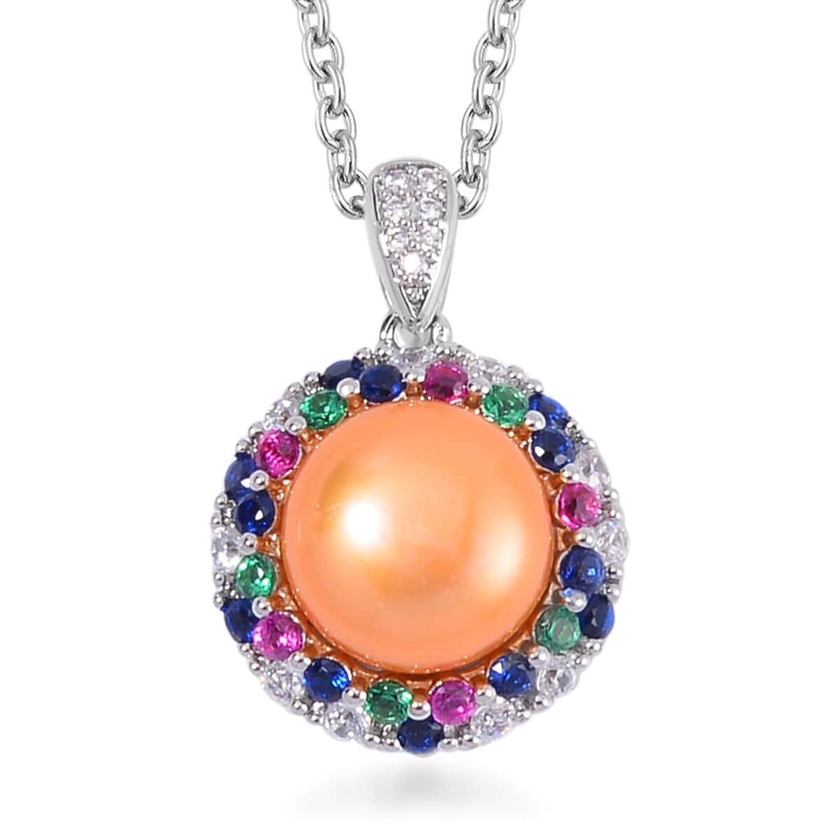 Golden Freshwater Cultured Pearl and Simulated Multi Color Diamond Pendant in Silvertone with Stainless Steel Necklace 20 Inches image number 0