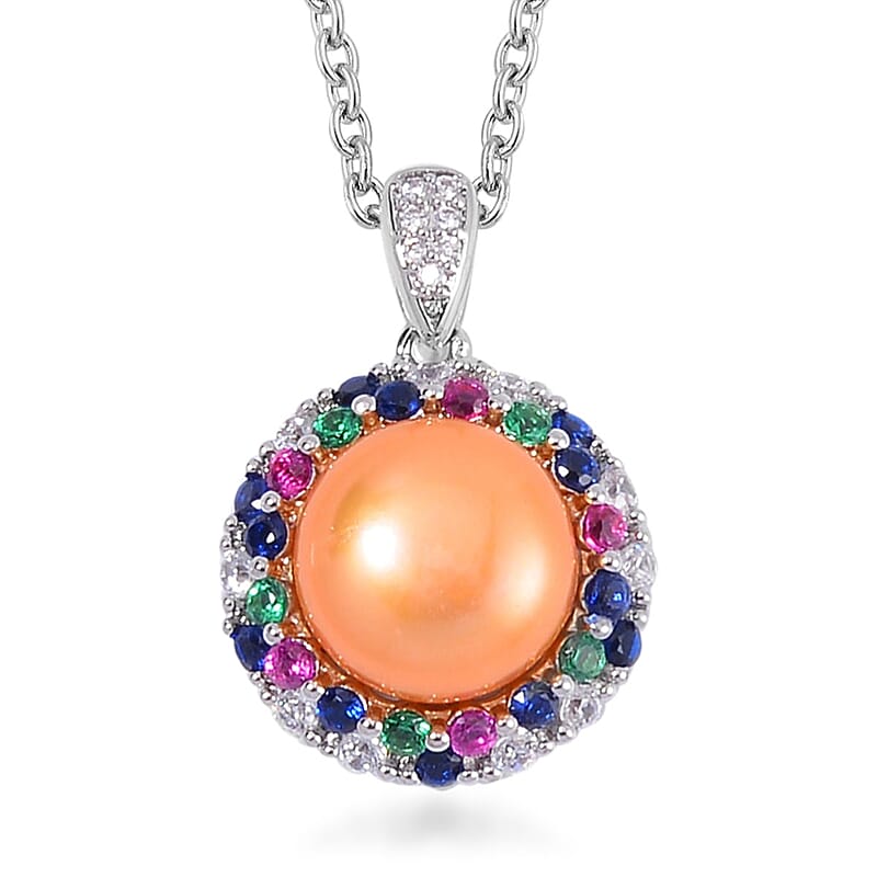 Golden Freshwater Cultured Pearl and Simulated Multi Color Diamond Pendant in Silvertone with Stainless Steel Necklace 20 Inches