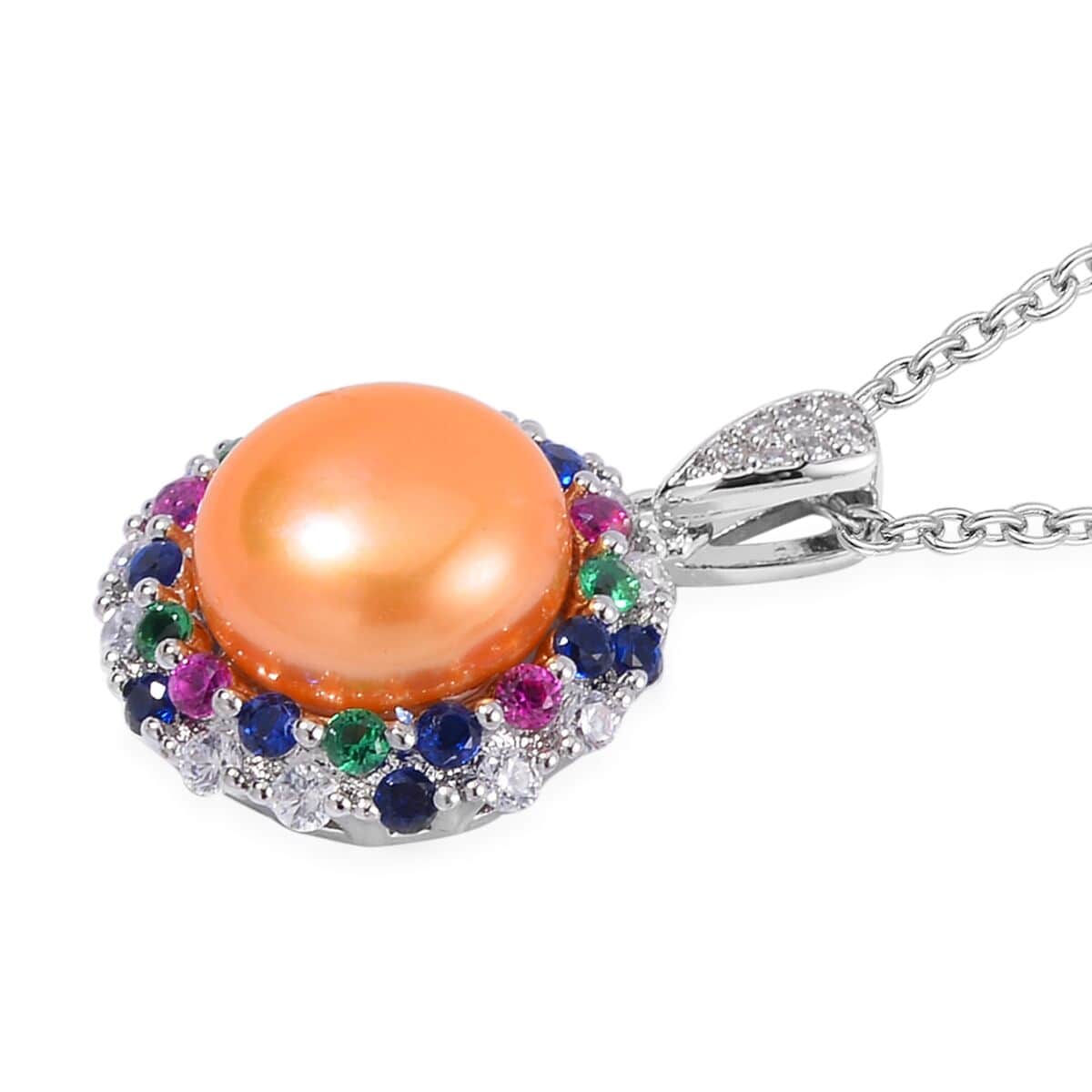 Golden Freshwater Cultured Pearl and Simulated Multi Color Diamond Pendant in Silvertone with Stainless Steel Necklace 20 Inches image number 3