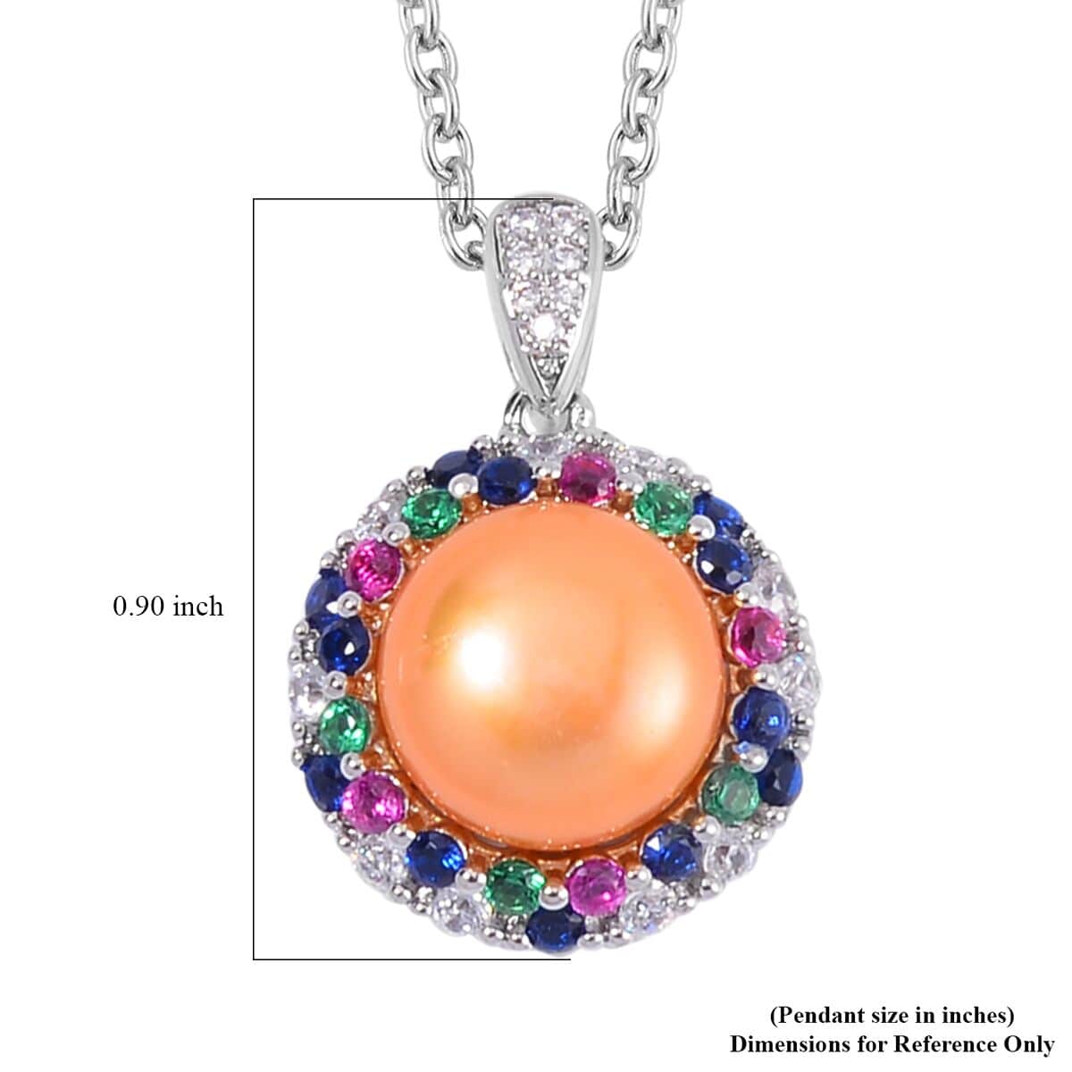 Golden Freshwater Cultured Pearl and Simulated Multi Color Diamond Pendant in Silvertone with Stainless Steel Necklace 20 Inches image number 6