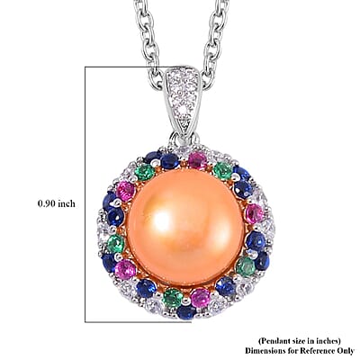 Golden Freshwater Cultured Pearl and Simulated Multi Color Diamond Pendant in Silvertone with Stainless Steel Necklace 20 Inches