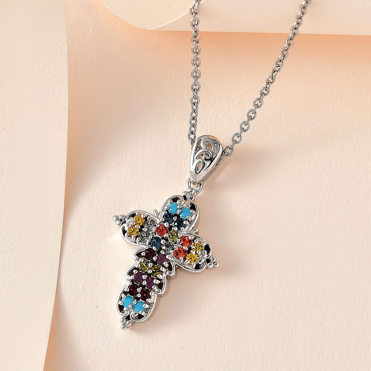Designer Premium Multi Color Austrian Crystal Cross Pendant in Platinum Over Copper with Stainless Steel Necklace 20 Inches image number 1