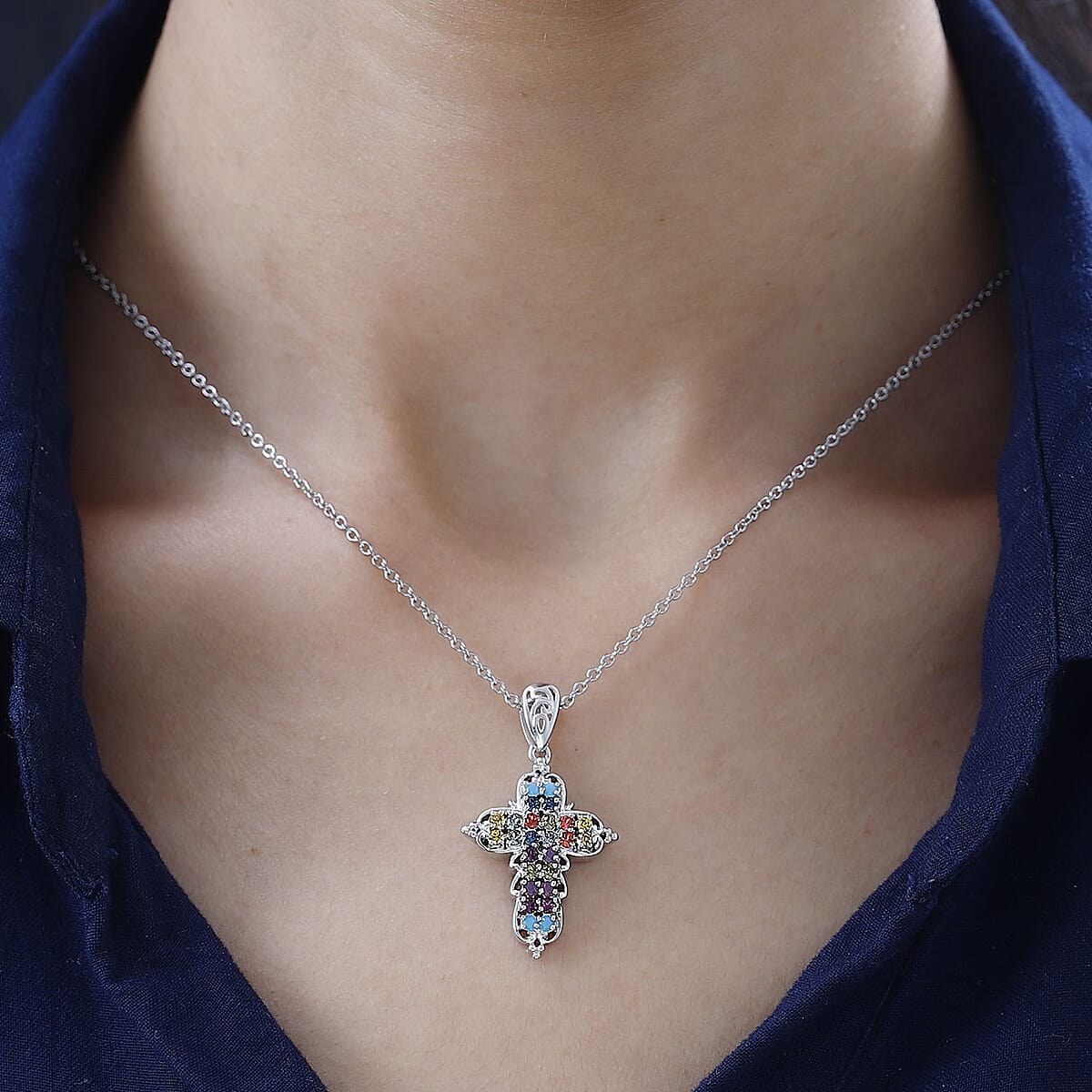 Designer Premium Multi Color Austrian Crystal Cross Pendant in Platinum Over Copper with Stainless Steel Necklace 20 Inches image number 2