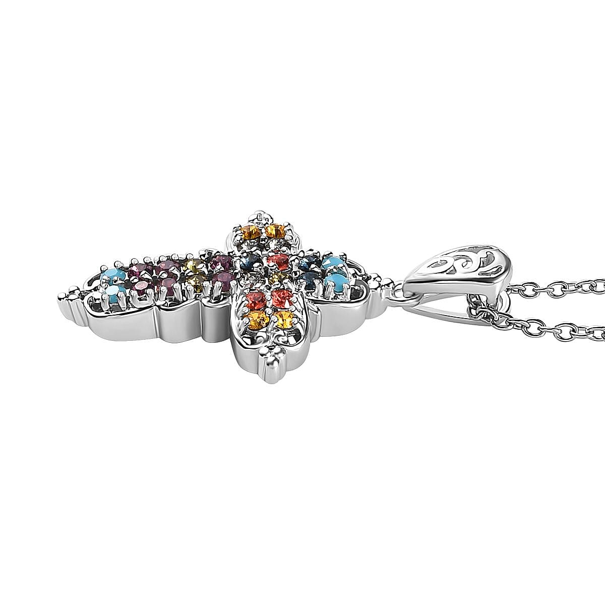 Designer Premium Multi Color Austrian Crystal Cross Pendant in Platinum Over Copper with Stainless Steel Necklace 20 Inches image number 3