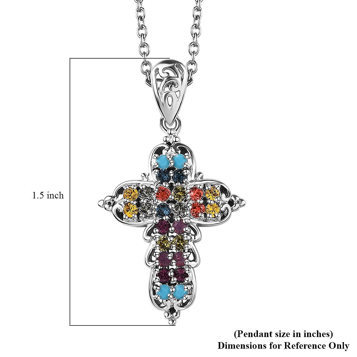 Designer Premium Multi Color Austrian Crystal Cross Pendant in Platinum Over Copper with Stainless Steel Necklace 20 Inches image number 6