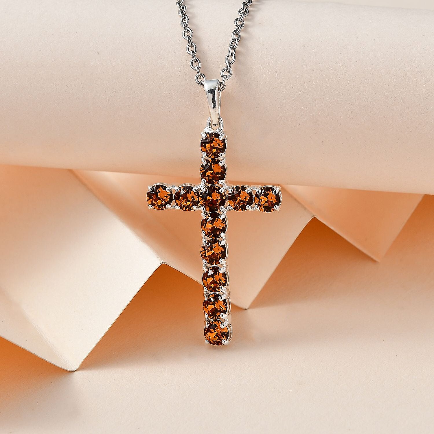 Designer Premium Topaz Color Austrian Crystal Cross Pendant in Sterling Silver with Stainless Steel Necklace 20 Inches