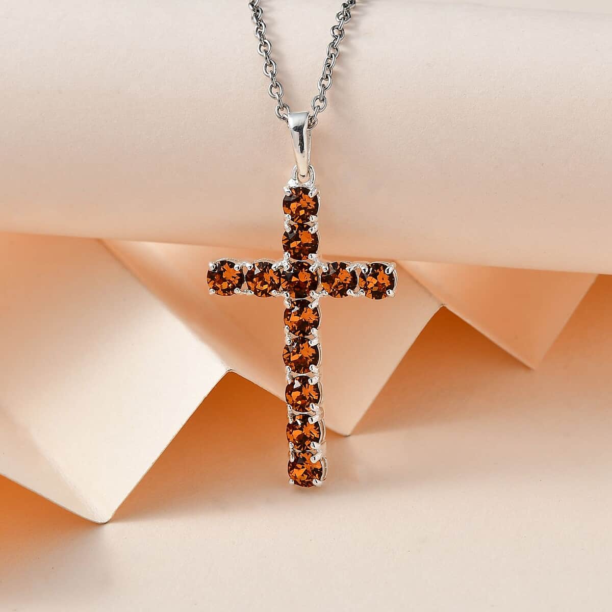 Designer Premium Topaz Color Austrian Crystal Cross Pendant in Sterling Silver with Stainless Steel Necklace 20 Inches image number 1