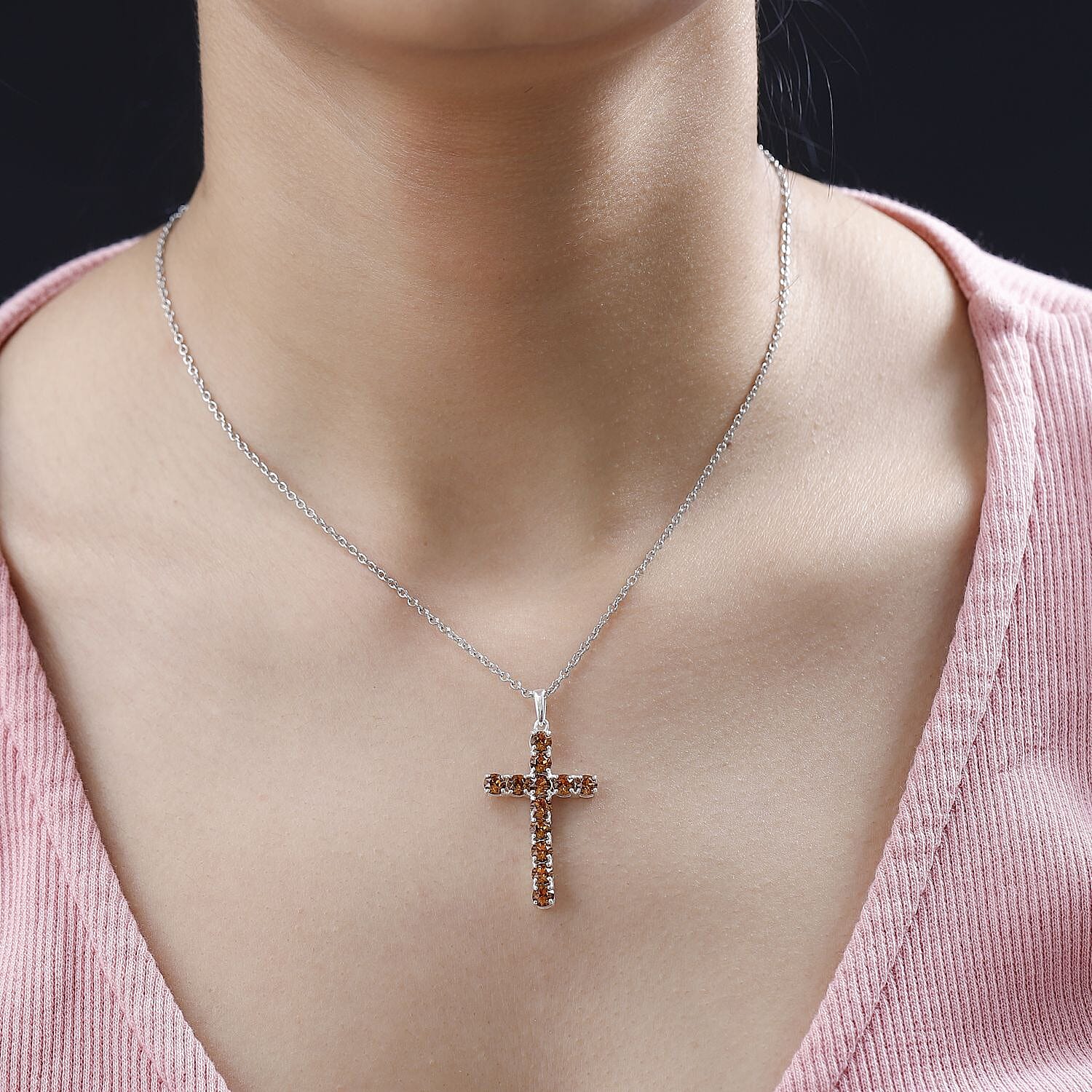 Designer Premium Topaz Color Austrian Crystal Cross Pendant in Sterling Silver with Stainless Steel Necklace 20 Inches