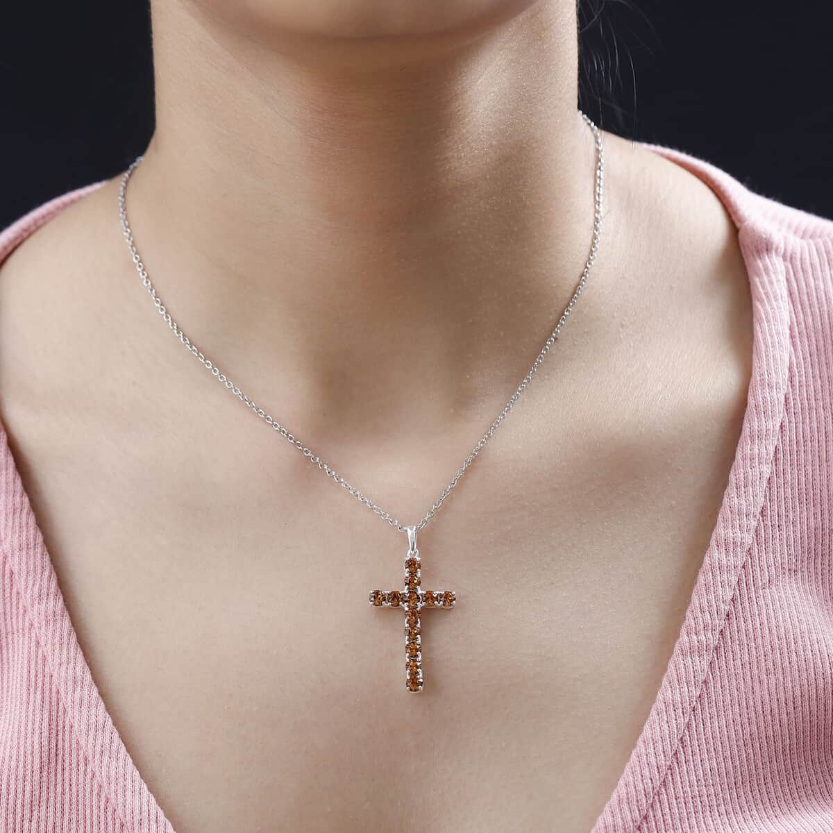 Designer Premium Topaz Color Austrian Crystal Cross Pendant in Sterling Silver with Stainless Steel Necklace 20 Inches image number 2