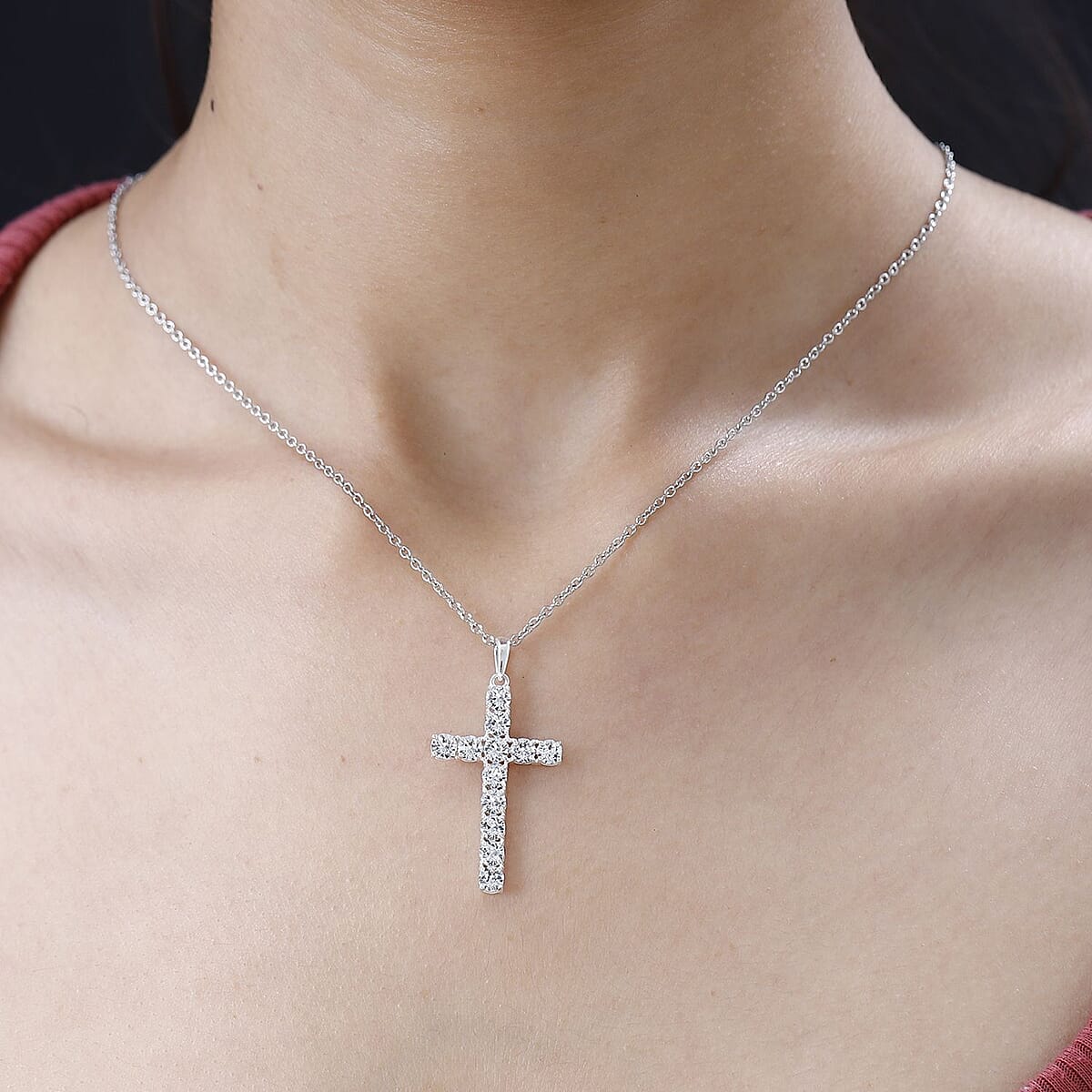 Designer Premium Austrian Crystal Cross Pendant in Sterling Silver with Stainless Steel Necklace 20 Inches image number 2