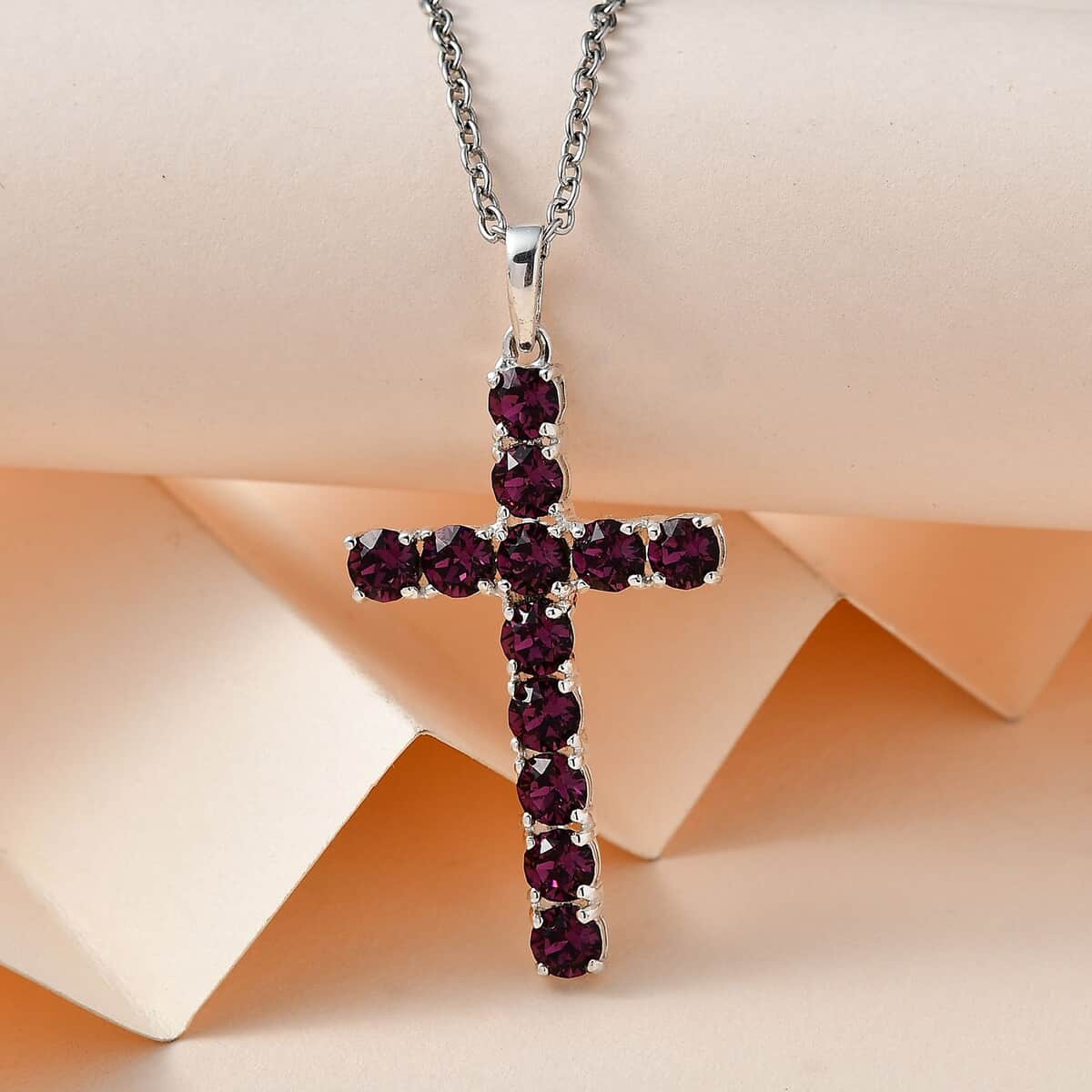 Designer Premium Foilback Amethyst Color Austrian Crystal Cross Pendant in Sterling Silver with Stainless Steel Necklace 20 Inches image number 1