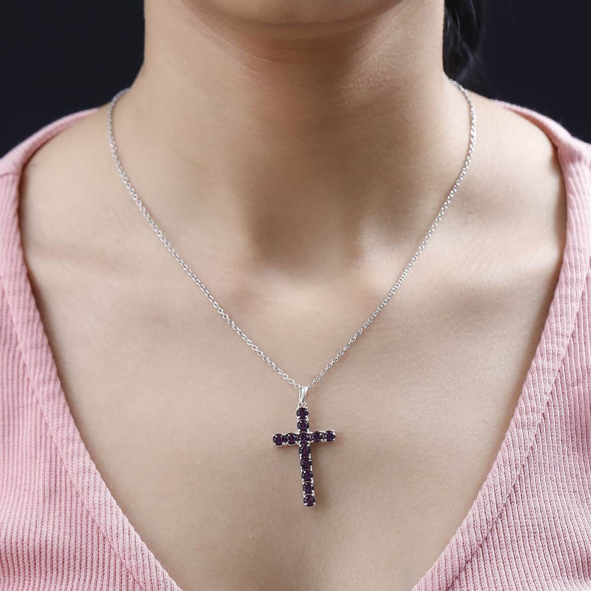 Designer Premium Foilback Amethyst Color Austrian Crystal Cross Pendant in Sterling Silver with Stainless Steel Necklace 20 Inches image number 2