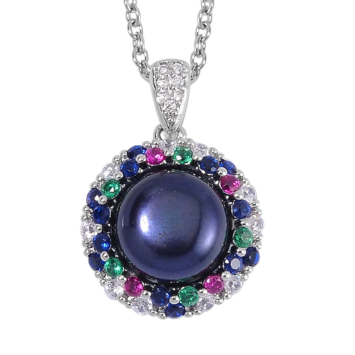 Peacock Freshwater Cultured Pearl and Simulated Multi Color Diamond Pendant in Silvertone with Stainless Steel Necklace 20 Inches image number 0