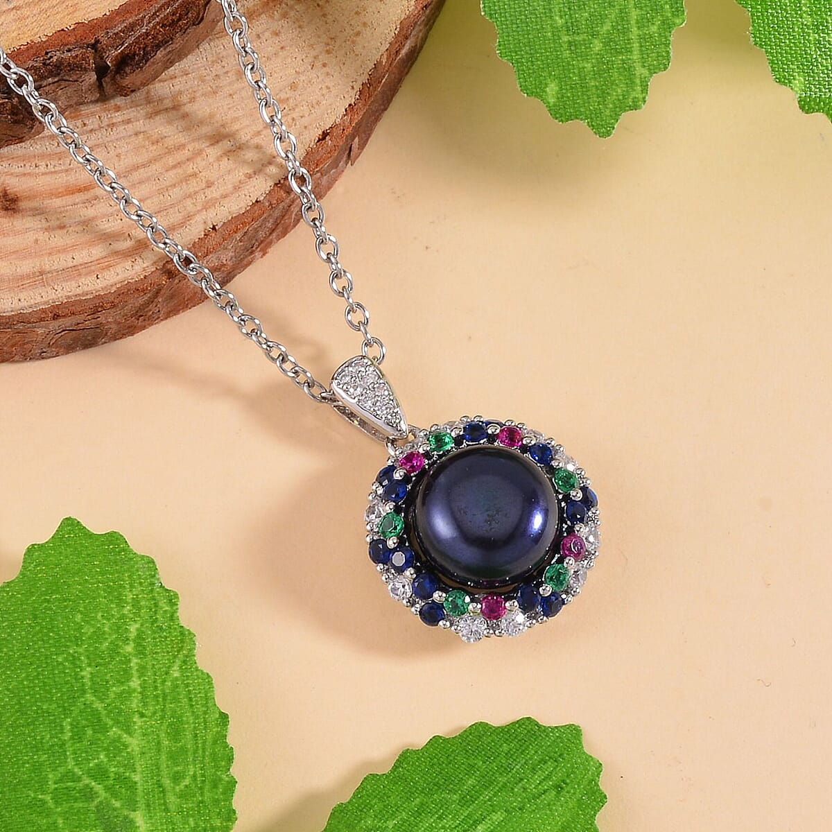 Peacock Freshwater Cultured Pearl and Simulated Multi Color Diamond Pendant in Silvertone with Stainless Steel Necklace 20 Inches image number 1